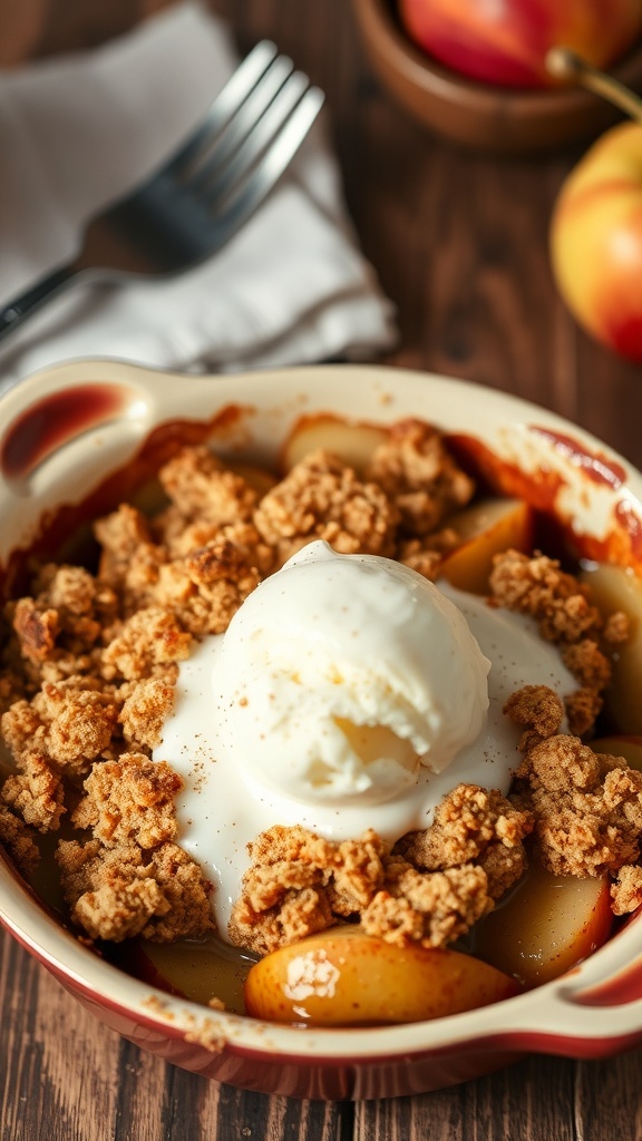 Classic Apple Crumble Recipe A delicious apple crumble with a golden topping and a scoop of ice cream, on a wooden table with fresh apples.